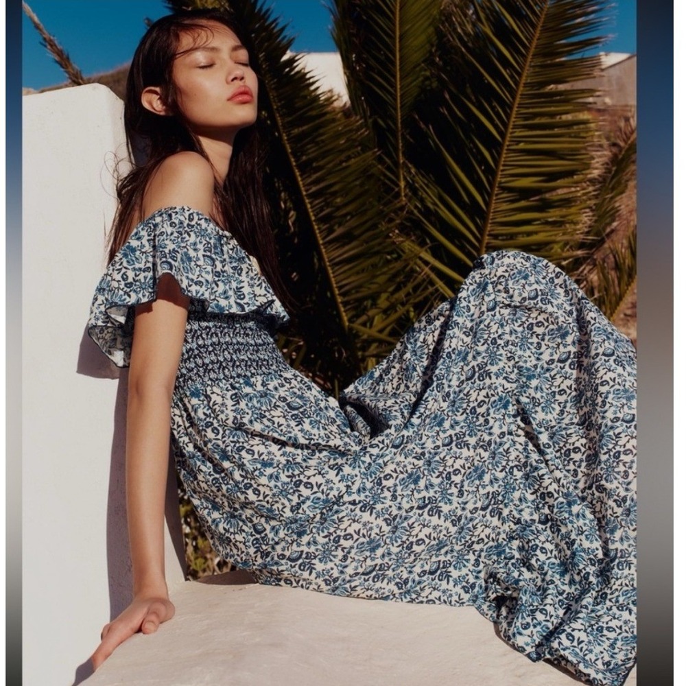 Zara Blue White Floral Cotton Smocked Off the Shoulder Maxi Dress XS Bohemian